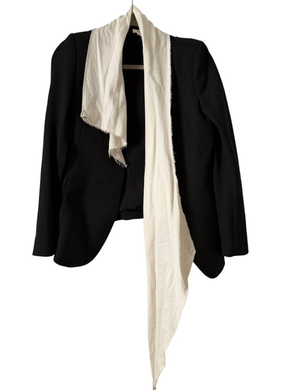 Helmut Lang Black Wool Blazer w/ Attached Oversized White Scarf Collar Raw Edge